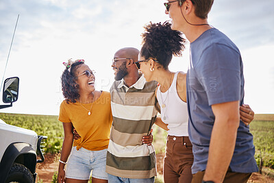 Buy stock photo Summer, freedom and road trip with friends in countryside desert for vacation, adventure and journey together. Happy, travel and community with group of people on holiday for youth and lifestyle