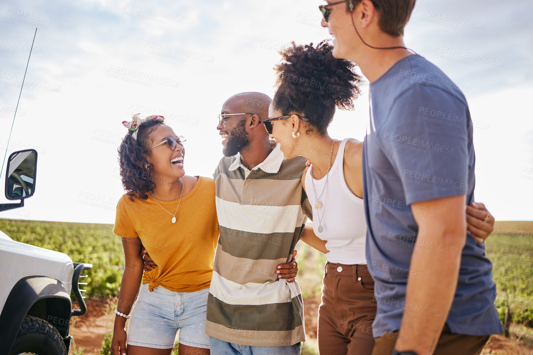 Buy stock photo Summer, freedom and road trip with friends in countryside desert for vacation, adventure and journey together. Happy, travel and community with group of people on holiday for youth and lifestyle