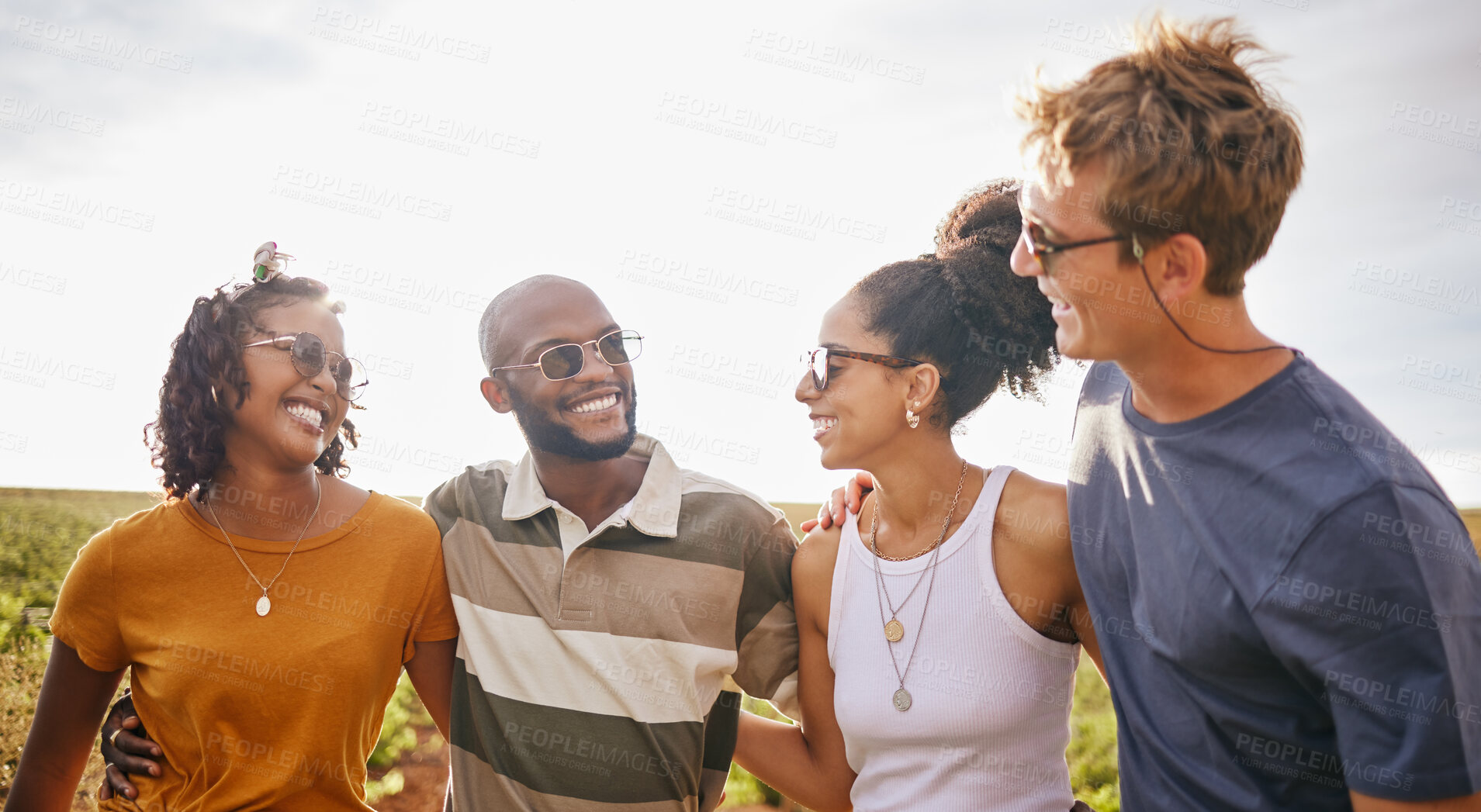 Buy stock photo Comic, happy and friends on a safari holiday together in nature of Kenya during summer. Relax, young and funny group of people on a vacation in the countryside or desert for adventure and freedom