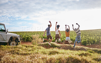 Buy stock photo Jump, freedom and friends in a field in nature while on a summer road trip vacation in the countryside. Group, travel and happy people with energy on a outdoor holiday break in south africa.