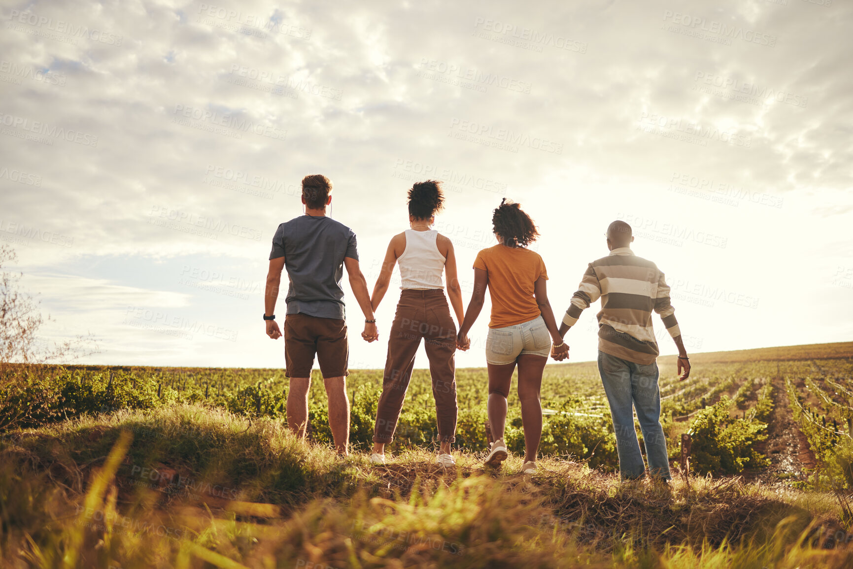 Buy stock photo Farm, ecology and sustainability people holding hands for love, earth day care and support with nature and cloud sky mockup. Friends farming experience or countryside travel with hope for agriculture