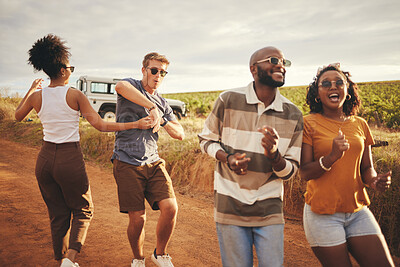 Buy stock photo Freedom, travel and dance with friends on road trip in countryside for party, summer and celebration. Adventure, journey and vacation with young group of people dancing to music together in outdoor