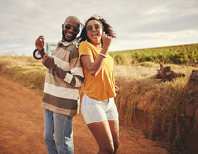 Buy stock photo Friends, fun and dance on vacation during travel in countryside in Texas on dirt road in summer. Black man and woman dancing, freedom and smile during journey, adventure and holiday in rural area