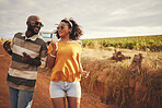 Travel, dance and black couple in Mexico, having fun, laughing and bonding in nature together. Freedom, love and road trip adventure with black woman and man dancing and celebrating their journey
