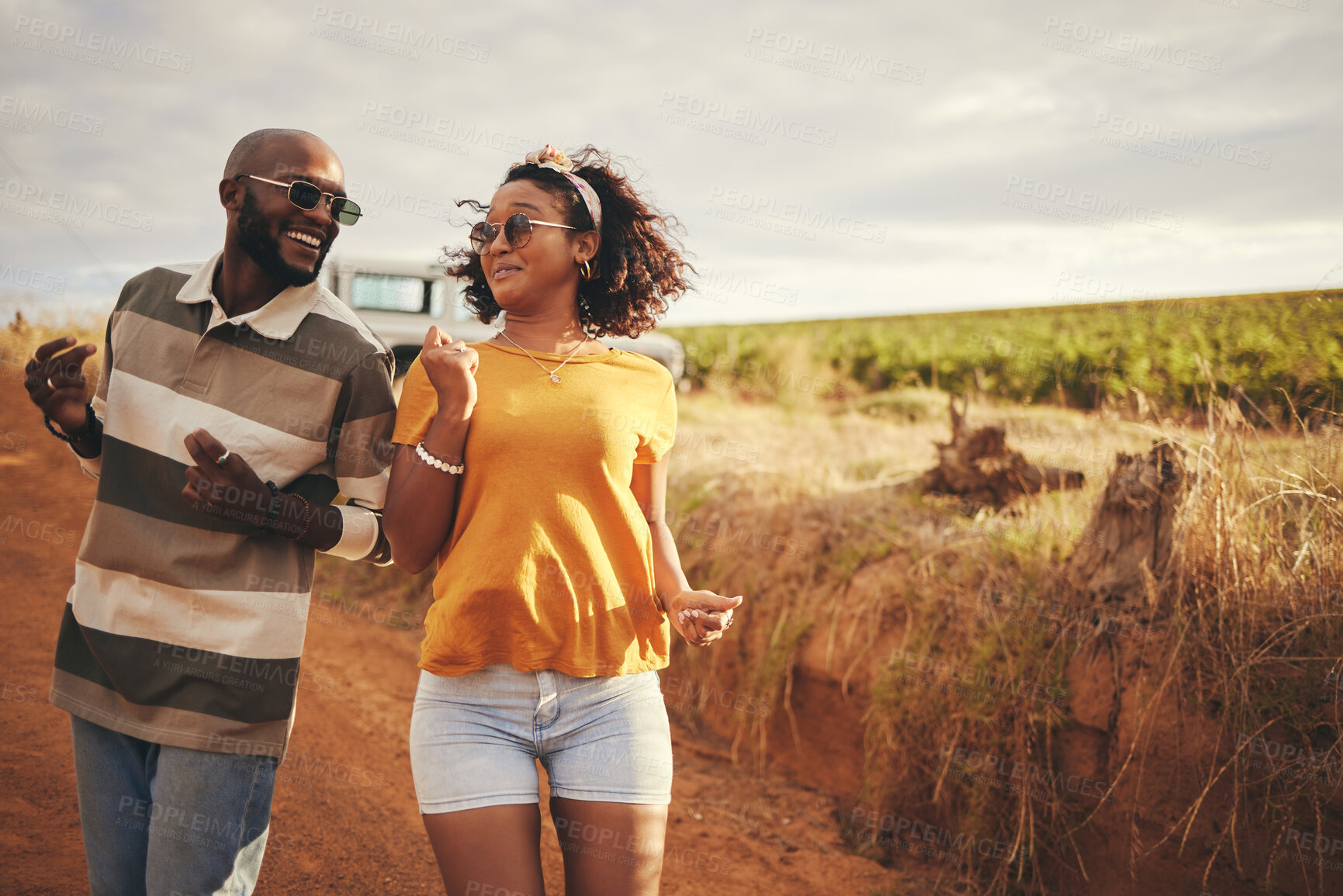 Buy stock photo Travel, dance and black couple in Mexico, having fun, laughing and bonding in nature together. Freedom, love and road trip adventure with black woman and man dancing and celebrating their journey