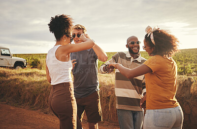 Buy stock photo Freedom, dance and friends on a road trip adventure, journey or holiday in the countryside. Diversity, happy and young people dancing together to music in celebration of their outdoor summer vacation