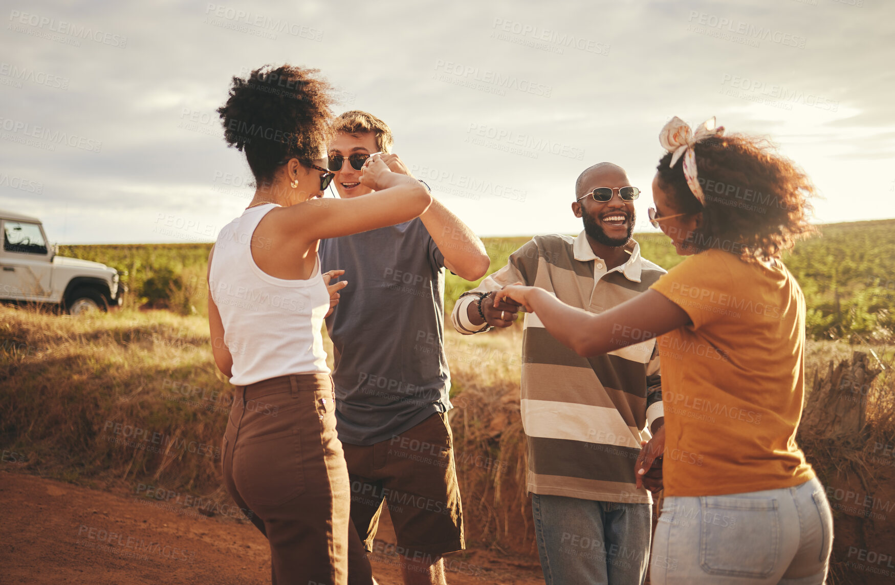 Buy stock photo Freedom, dance and friends on a road trip adventure, journey or holiday in the countryside. Diversity, happy and young people dancing together to music in celebration of their outdoor summer vacation