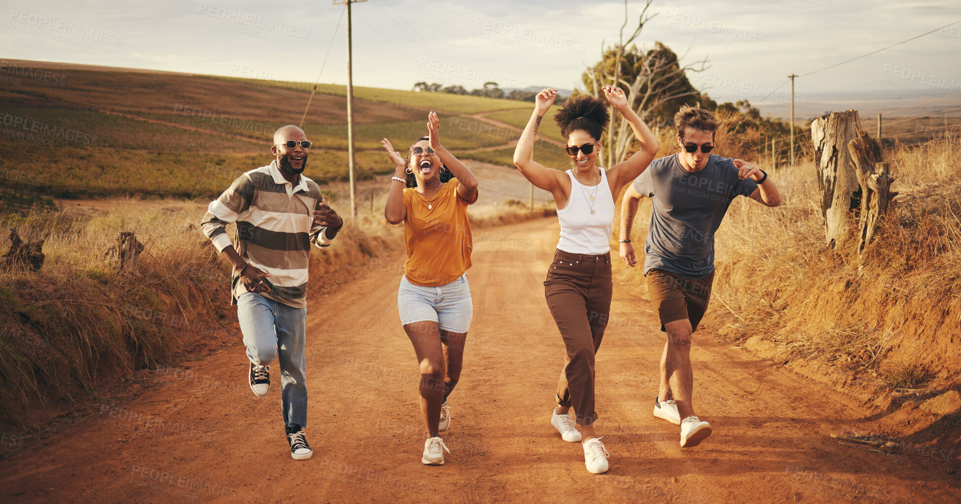 Buy stock photo Safari, walking and friends singing on holiday in nature of Cairo together in summer. Group of playful, comic and funny people with dance on walk in countryside while on adventure vacation for peace