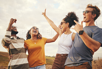 Buy stock photo Friends, freedom and fun with a man and woman group laughing or joking while on summer vacation in nature. Happy, funny and fun with friendship, travel and affection between young people outdoor