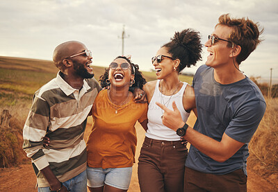 Buy stock photo Happy, diversity and friends walk in countryside for peace, freedom or wellness while bonding, laugh and have fun. Travel, glasses and relax people enjoy quality time together on Australia holiday