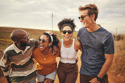 Buy stock photo Diversity, friends and on countryside holiday smile, relax  and happy together on dirt road trip. Group excited, on adventure and travelling to celebrate summer vacation, have casual talk and laugh.