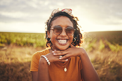Buy stock photo Face smile, black woman and countryside sunglasses, summer vacation or holiday. Portrait, travel and happy female from Brazil having fun outdoors, freedom and relax in nature enjoying time alone.