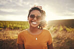 Happy, black woman and summer travel happiness of a person in nature. Portrait of a person from New York with a smile feeling holiday freedom from traveling in the countryside on vacation break