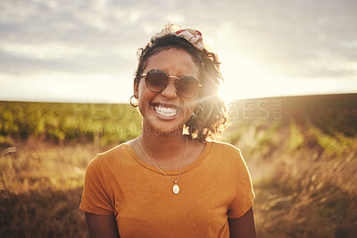 Buy stock photo Happy, black woman and summer travel happiness of a person in nature. Portrait of a person from Texas with a smile feeling holiday freedom from traveling in the countryside on vacation break