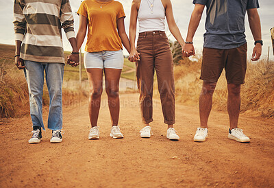 Buy stock photo Support, teamwork and friends holding hands in summer for road trip vacation for community, collaboration and mission together. Networking, growth and goals with group of people on holiday safari