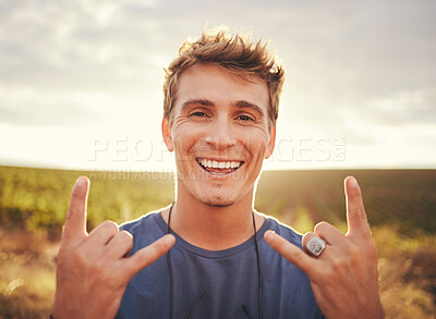 Buy stock photo Hand sign, nature and man on holiday in the countryside of Portugal for freedom, peace and happiness in summer. Face portrait of a young, happy and smile person on vacation in a natural environment