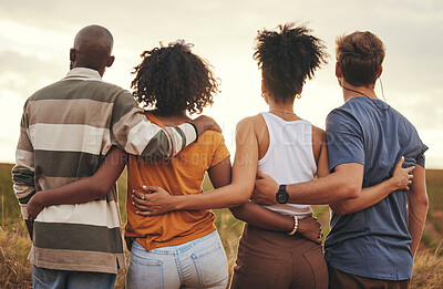 Buy stock photo Friends together, travel and adventure, embrace at sunset on roadtrip in countryside during summer holiday. Support, diverse men and women bonding, peace and relaxing outdoor in nature at dusk