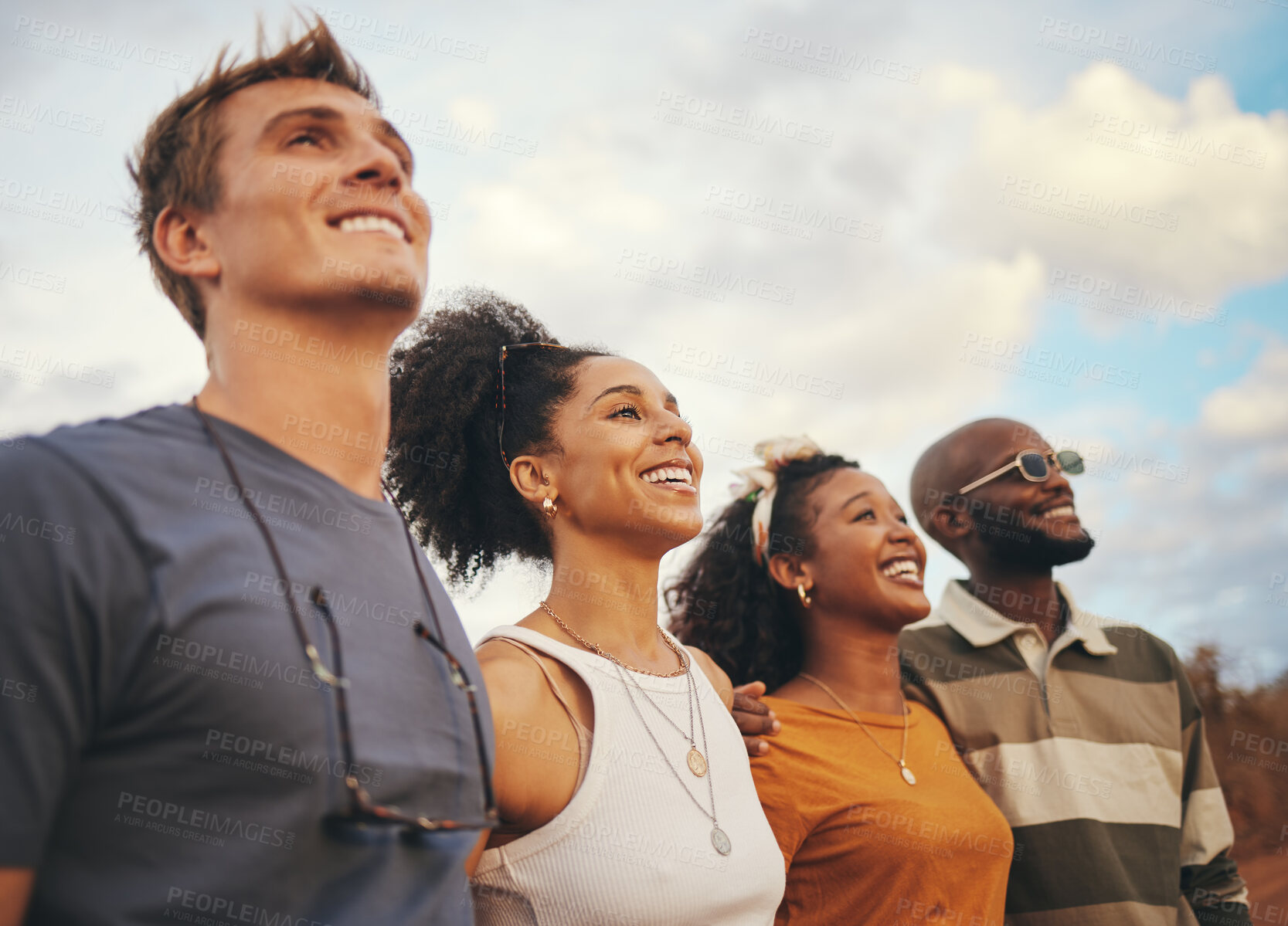 Buy stock photo Friends, diversity and smile with a happy group looking at the view while on holiday in nature during summer. Freedom, vacation and together with men and woman standing outdoor on a friend trip