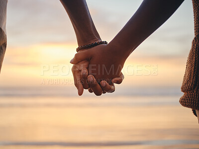 Buy stock photo Trust, love and holding hands with couple by the beach together for support, happy and relax on Miami summer vacation. Sunset, vision and nature with black man and woman on peace holiday 