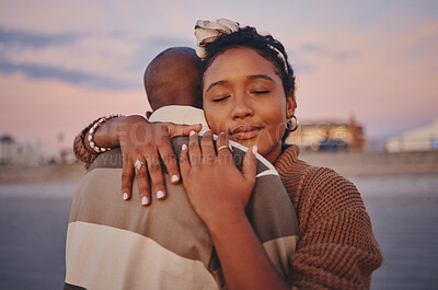 Buy stock photo Love, peace and calm black couple hug while relax on outdoor date for freedom, bonding and enjoy quality time together. Romance, vacation and young gen z man and woman on romantic holiday in Jamaica