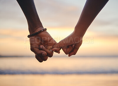 Buy stock photo Love, trust and holding hands with couple at beach on Cancun vacation at sunset for happy, goals and support. Summer, vision and travel with black man and woman by the ocean together for holiday