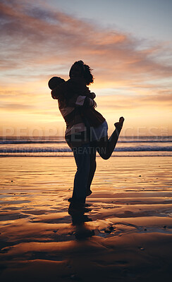 Buy stock photo Silhouette couple, sunset beach love and hug on honeymoon, summer tropical vacation and anniversary date together in Maldives. Shadow of man lifting woman, playing and happy ocean holiday freedom