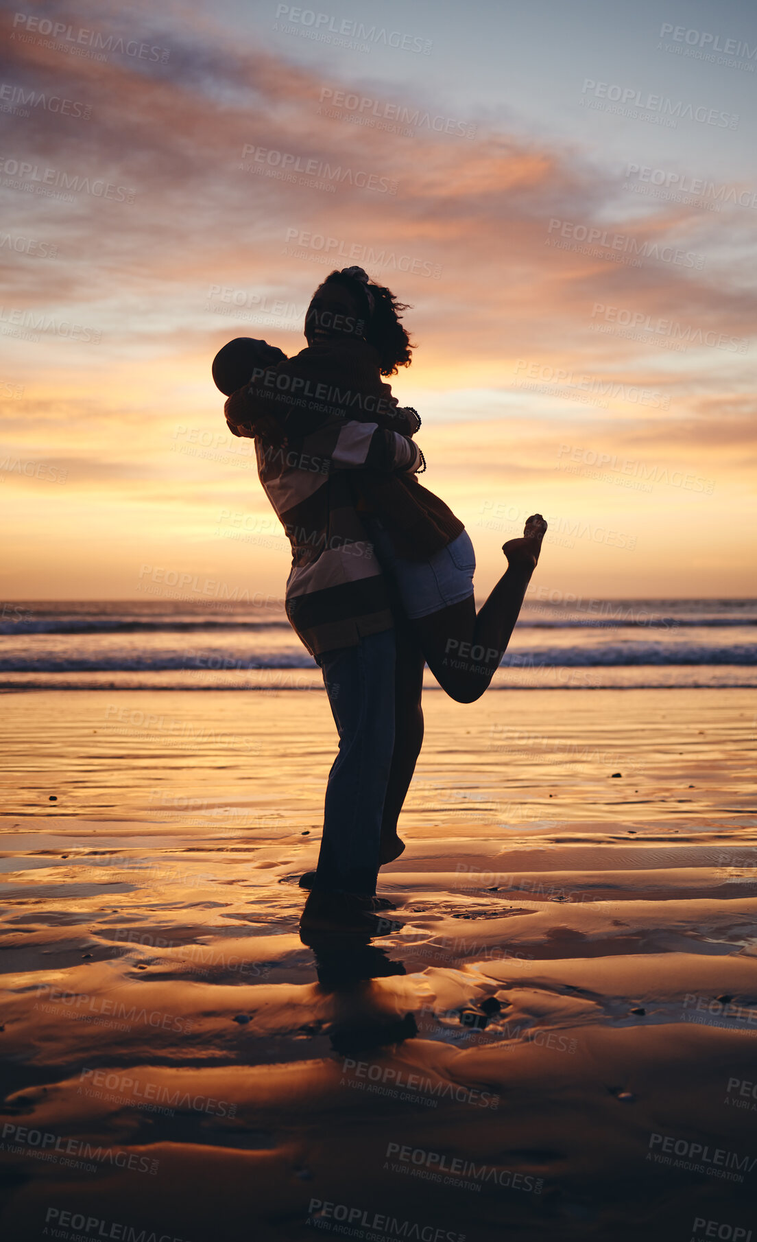 Buy stock photo Silhouette couple, sunset beach love and hug on honeymoon, summer tropical vacation and anniversary date together in Maldives. Shadow of man lifting woman, playing and happy ocean holiday freedom