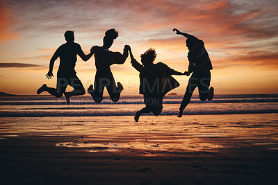 Buy stock photo Freedom, jump and silhouette of friends at the beach and travel on brazil vacation for success, happy or motivation. Teamwork, collaboration and shadow of people at sunset for summer, youth and fun