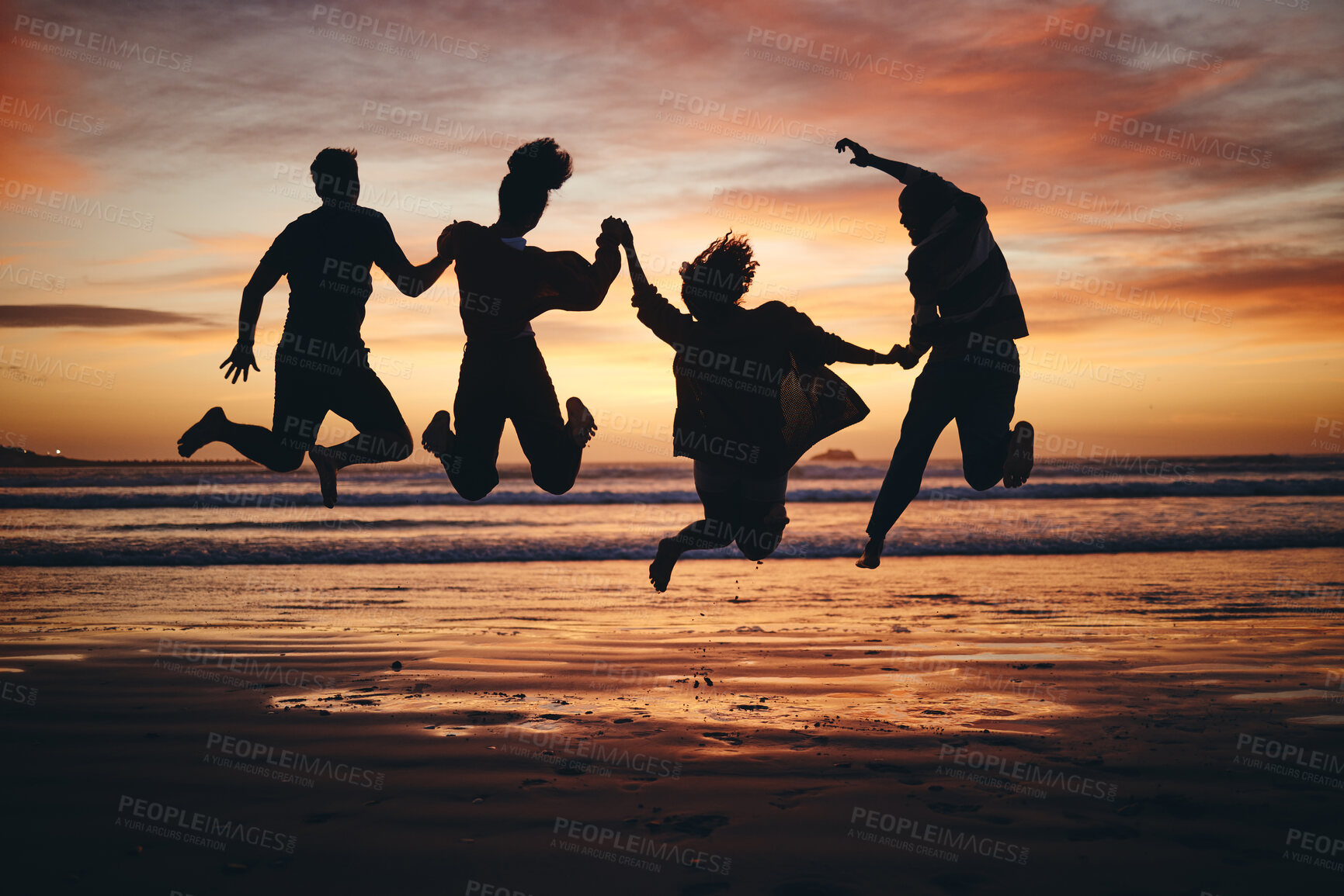 Buy stock photo Freedom, jump and silhouette of friends at the beach and travel on brazil vacation for success, happy or motivation. Teamwork, collaboration and shadow of people at sunset for summer, youth and fun