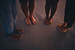 Friends, sand and feet at a beach at sunset, relax and bonding on summer vacation in nature. Toes, fun and people  travelling and exploring at the sea, standing and enjoying holiday and friendship