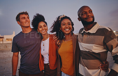 Buy stock photo Beach friends and happy view with travel vacation in nature during summer, smile for holiday by the ocean and happy on trip by sea. Smile diversity, and friendship people with nature sunset in hawaii
