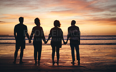 Buy stock photo Silhouette, friends and beach sunset holding hands in freedom, support and calm peace in nature together. Back shadow fun couples group relax, summer ocean horizon and tropical vacation in solidarity