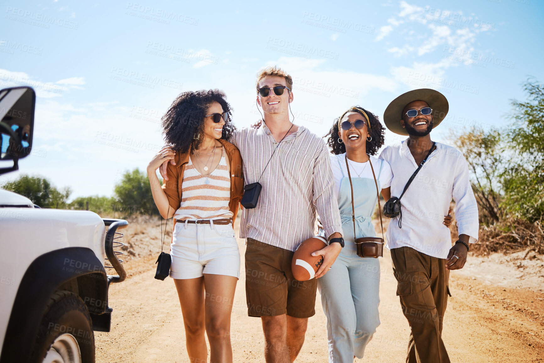 Buy stock photo Travel, diversity and friends on a road trip for happy summer holidays, vacation and sunny caravan adventure as tourists. Smile, men and young women walking outdoors enjoying nature in Australia