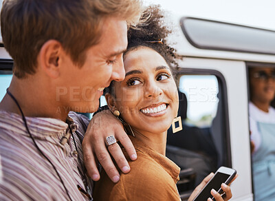 Buy stock photo Couple, phone and travel in a city with black woman and man bonding and waiting for a taxi. Tourist, traffic and transport for cheerful interracial soulmate sharing romantic moment in a street