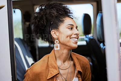 Buy stock photo Happy, smile and woman in caravan on road trip, adventure or journey in summer in the countryside. Happiness, travel and girl from Puerto Rico sitting in van on vacation, holiday or getaway in nature