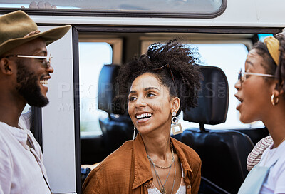 Buy stock photo Travel, friendship and car road trip happy, smile and bonding sun summer holiday vacation or outdoor adventure. Happiness and excited women, man or African young black people traveling fun together