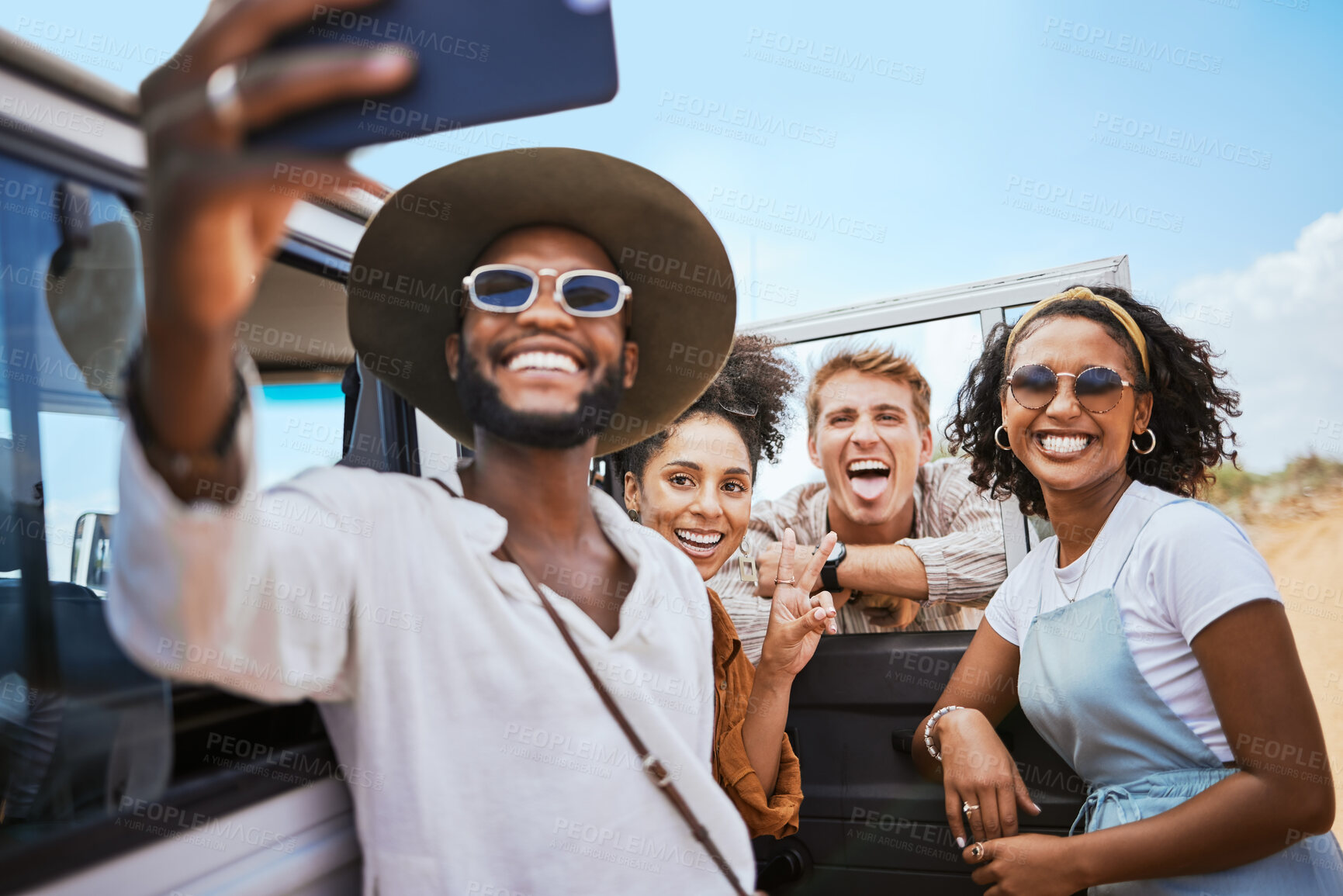 Buy stock photo Phone selfie, friendship and car road trip or nature safari holiday travel in Africa together happy for adventure. Mobile photography of excited men, women or young group of people on summer vacation