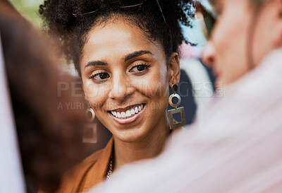 Buy stock photo Summer, friends and close up of black woman with a smile on face. Fashion, beauty and young girl with trendy accessories on holiday, vacation and adventure with group of people having fun in nature