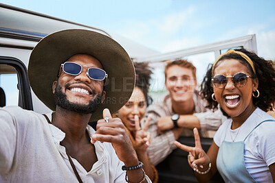Buy stock photo Travel, adventure and selfie with friends celebrating freedom and showing hand peace sign outdoors. Diversity, nature and fun with happy men and women on a road trip, bonding and enjoying vacation