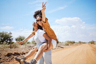 Buy stock photo Travel, road trip and adventure friends fun with outdoor holiday, summer vacation and countryside journey blue sky mock up. Wellness, excited and gen z people women lifestyle on dirt nature street