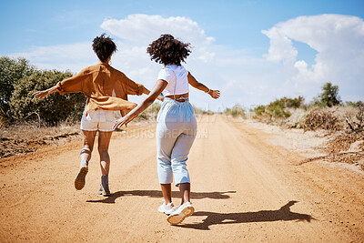 Buy stock photo Summer, countryside and friends running in road in nature, celebrating and freedom and traveling together. Adventure, energy and women exploring and having fun on trip in Colombia, excited and happy