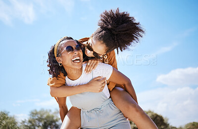 Buy stock photo Freedom, friends and black women at a beach, crazy and having fun with carrying joke in nature. Summer, travel and happy ladies being silly, laughing and playing, positive energy and friendship 