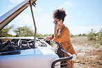 Road trip, engine and woman with car problem during holiday in nature. Sad African girl with anxiety about accident, battery fail and emergency with transportation while on a safari in Africa