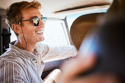 Buy stock photo Road trip, friends and man relax in a car, bonding with driver in the passenger seat. Freedom, summer and adventure with smiling man enjoying vacation and drive in city, laughing, joking and cheerful