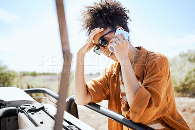 Buy stock photo Phone call, car, and woman talking about problem with transport on road trip in nature. Girl with stress speaking to insurance on mobile about accident or transportation emergency in South Africa