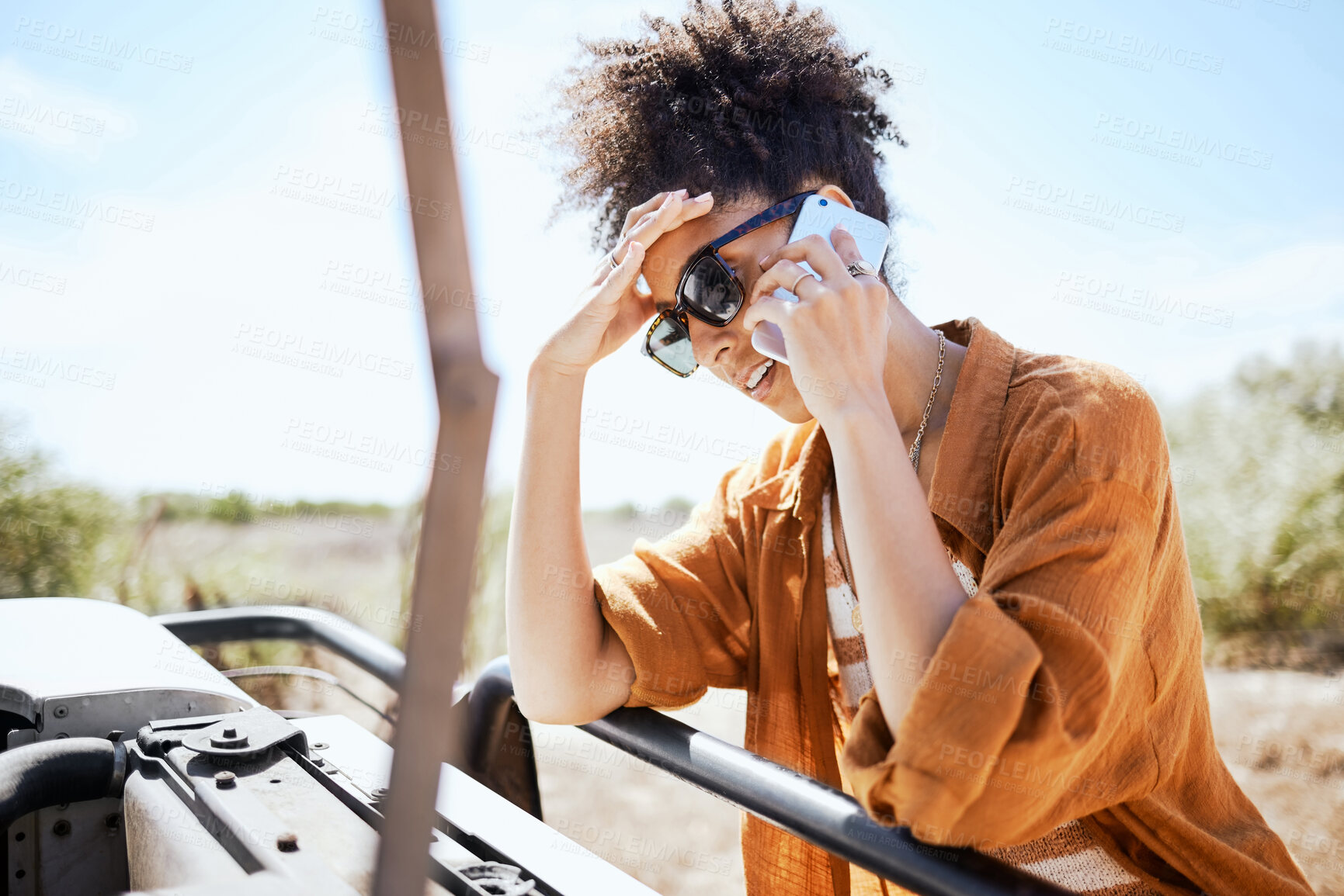 Buy stock photo Phone call, car, and woman talking about problem with transport on road trip in nature. Girl with stress speaking to insurance on mobile about accident or transportation emergency in South Africa