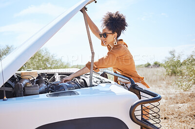 Buy stock photo Black woman car engine problem on road trip or outdoor  holiday travel journey in Africa. Girl driver stop traveling, vacation and accident emergency assistance try fix or repair motor transportation
