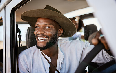 Buy stock photo Happy, taxi and driver with black man driving and enjoying career, safari tour guide in vehicle. Adventure, travel and smile african american looking excited while touring with passenger, carefree