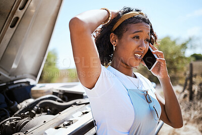Buy stock photo Car, woman and phone call for help and roadside assistance while driving in a stress, stress and anxiety from vehicle trouble. Driver, travel and accident by black woman worried and concerned in road