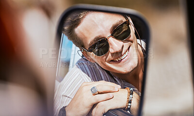 Buy stock photo Car mirror reflection, road trip and face of man happy, smile or relax with sunglasses on Sydney Australia tour. Transportation, happiness and young gen z person travel for peace, freedom or wellness